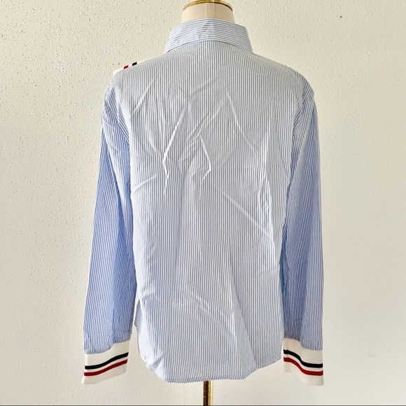 Women's Size Medium Blue/White Striped Ruffle Knit Long Sleeve Button Down Shirt - Picture 6 of 7